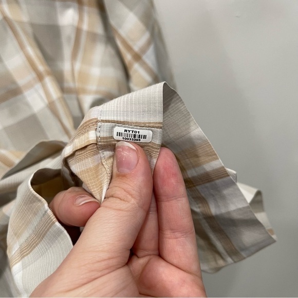 Eskandar Wide Fit Plaid Tan High Neck Button Down Shirt Size 0 - Picture 4 of 8